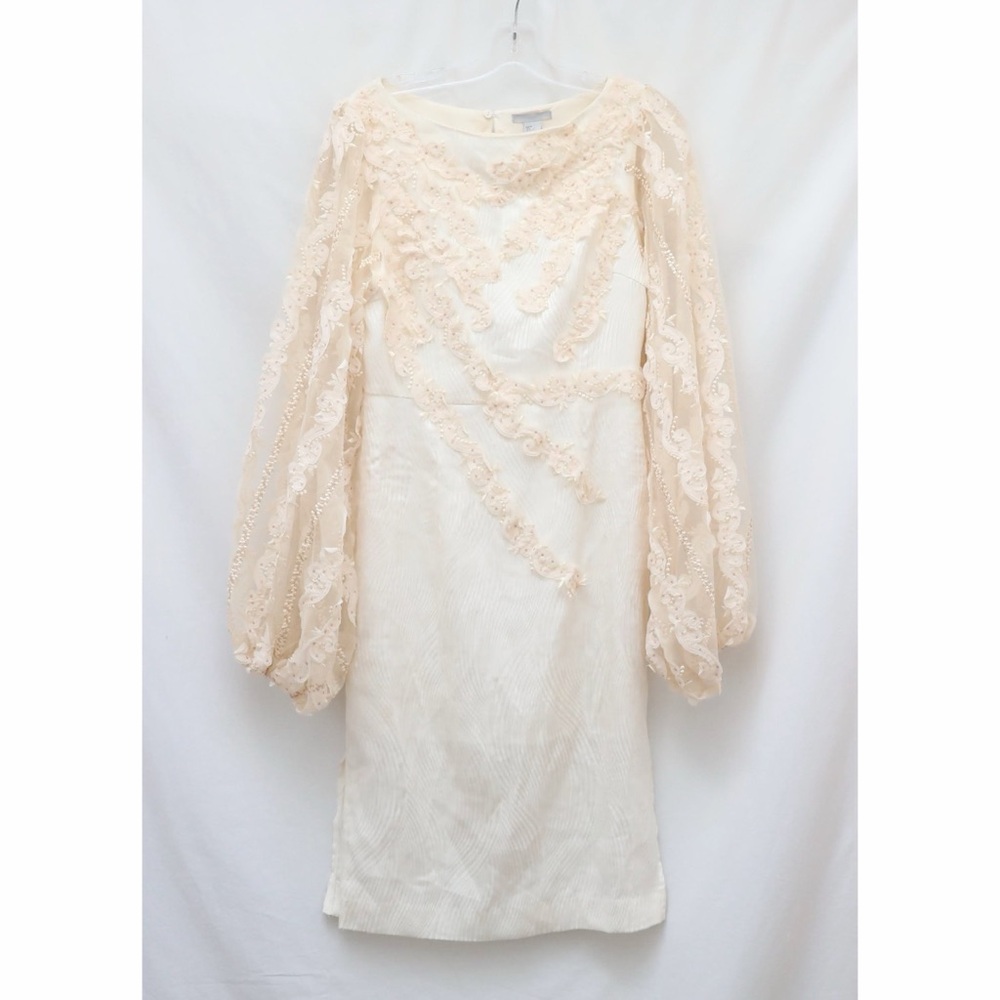 H&M cream embroidered dress oversized lace sleeves engagement party 8 EU38 beige